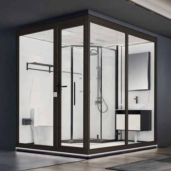 Prix ​​bon marché personnalisé à la vapeur hôtel de luxe complet cabine de fenêtre en verre préfabriqué modulaire noir salle de bains Pod avec toilettes